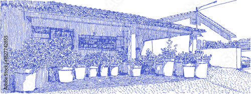 The image is a blue drawing of a house with a large garden filled with potted plants. The house is blue and has a white roof. vector illustration