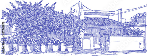 A blue drawing of a house with a tree in front of it. The house has a balcony and a patio. vector illustration