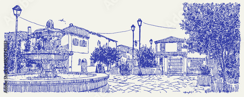 A blue and white drawing of a town square with a fountain and a bench. There are several people in the drawing. vector illustration