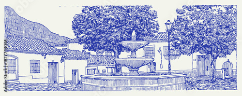 A blue and white drawing of a house with a fountain in front of it. The fountain is surrounded by trees. vector illustration