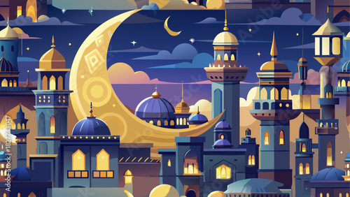 Cityscape with crescent moon and star filled sky