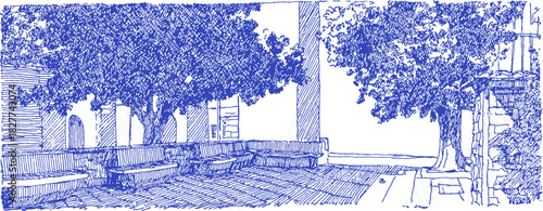 A blue and white drawing of a park with benches and trees. The trees are in the foreground and the benches are in the background. vector illustration