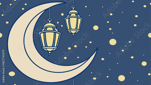 Crescent moon and lanterns hanging in the night sky