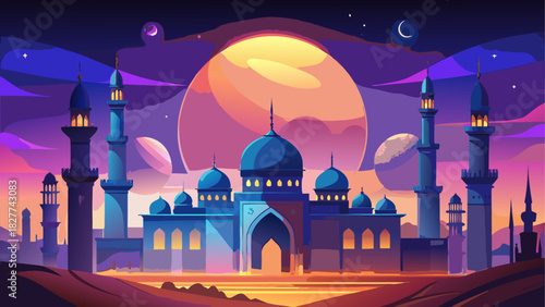 Illustration of a mosque at night with large moon