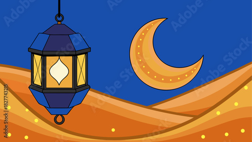 Cartoon lantern and moon over desert illustration