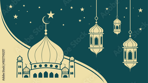 Illustration of mosque and lanterns with stars
