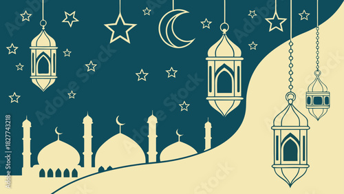 Illustration of mosque lanterns and crescent moon
