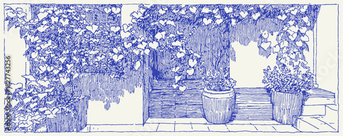 A blue and white drawing of a garden with a path and a bench. There are potted plants and a vase on the path. vector illustration