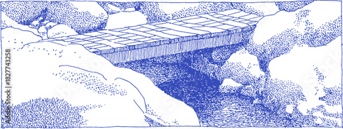 A bridge over a river with rocks on the side. The bridge is made of wood. The water is calm. vector illustration