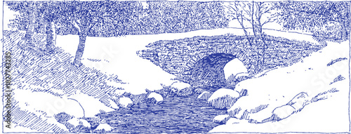 A blue and white drawing of a stream with rocks and trees. The water is flowing and the rocks are scattered along the stream. vector illustration