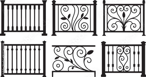 Collection of decorative wrought iron railing designs in silhouette on white background