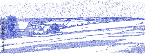A blue and white drawing of a rural landscape. The drawing is of a field with a road running through it. vector illustration