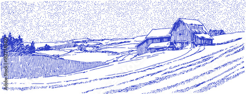 A blue and white drawing of a farm with a barn and a house. The barn is on the right side of the drawing. vector illustration