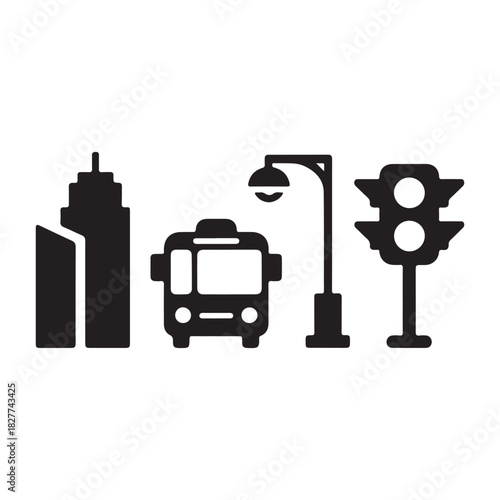 Urban navigation and public service silhouette vector icon collection