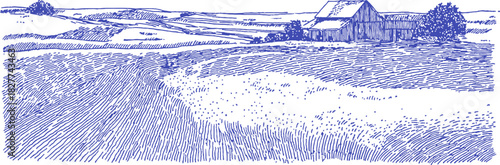 The image is a blue and white drawing of a farm with a house and a golf course in the background. The golf course is a small. vector illustration