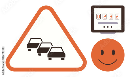 Triangle road sign indicating traffic jam with cars icon, accompanying smiling face and digital counter. Ideal for transportation, safety, automation, road management, alerts, efficiency, simple flat