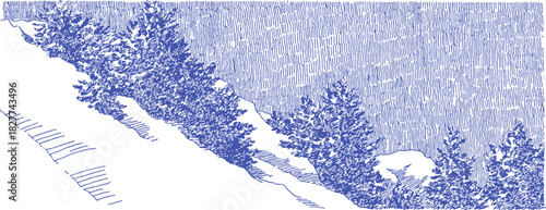 A blue and white image of a snowy landscape. The snow is white and the sky is blue. vector illustration