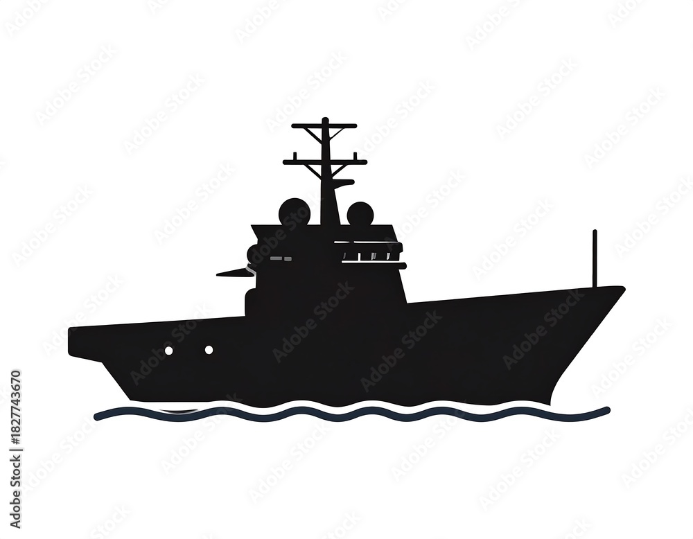 Obraz premium Black silhouette of a large ship with a multi-level deck and antenna on a white background, sailing left