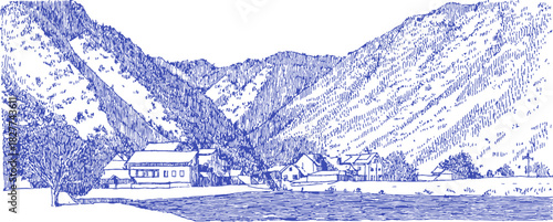 A blue and white drawing of a mountain with a house in the valley. The house is surrounded by trees. vector illustration