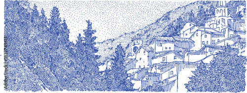 A blue and white drawing of a forest with a house in the background. The house is on a hill and has a lot of windows. vector illustration