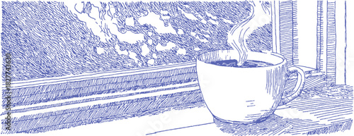 A cup of coffee is sitting on a table. The coffee is steaming. The cup is white. vector illustration