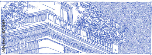 A blue and white drawing of a building with a balcony. The balcony is covered with plants. The drawing is in a blue. vector illustration