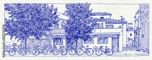 A blue and white drawing of a street with a row of bicycles parked on the sidewalk. The bicycles are lined up in a row. vector illustration
