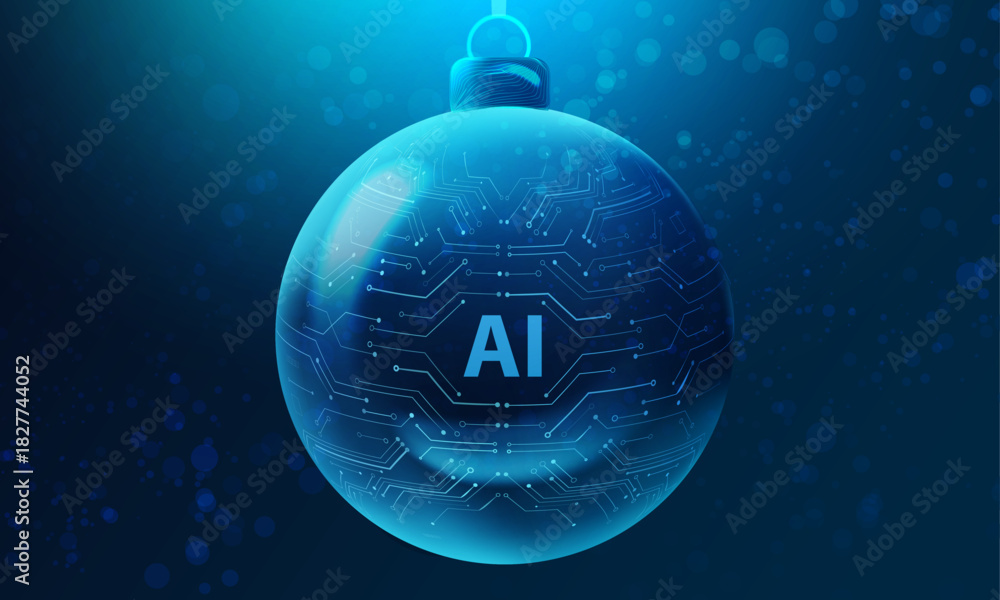 Naklejka premium Christmas technology sphere. AI holiday card in tech style with circuit board ball. Futuristic x-mas vector banner. Happy artificial holiday.