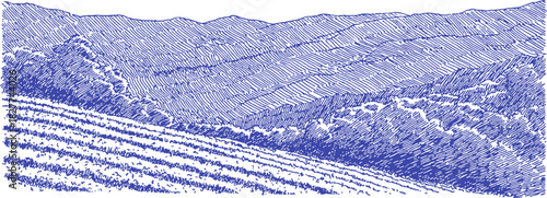 A blue and white drawing of a hillside with trees. The drawing is in a dotted style. vector illustration