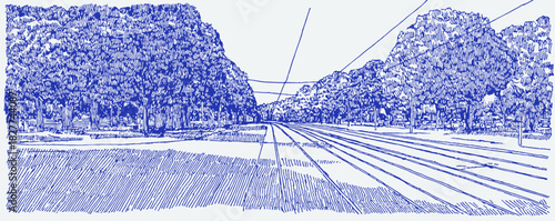 A blue and white drawing of a train track. The train track is surrounded by trees and grass. vector illustration