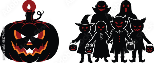 spooky costumes, glowing red eyes, trick-or-treat characters, eerie festive design, horror holiday illustration pack