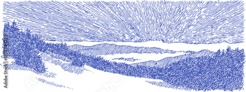 A blue and white drawing of a snowy landscape with trees. The sky is blue and the sun is setting. vector illustration