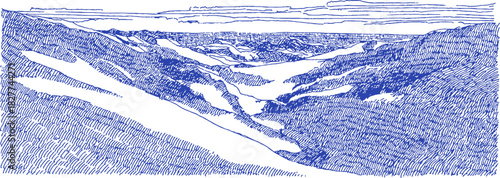 A blue and white drawing of a mountain range. The mountains are covered in snow and the water is blue. vector illustration