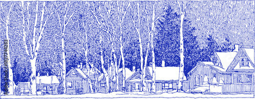 The image is a blue and white drawing of a small town with houses and trees. The houses are small and the trees are tall. vector illustration
