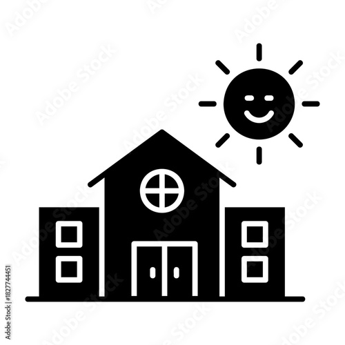 Daycare building with smiling sun