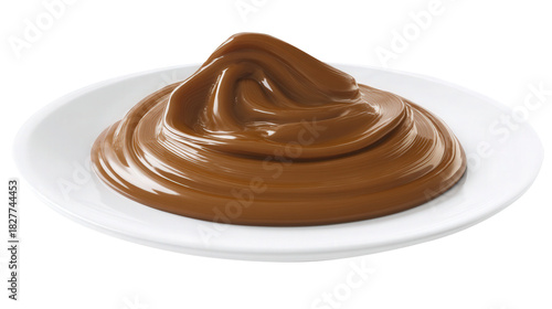 Thick glossy brown paste on a clean white plate transparent background. Generative AI