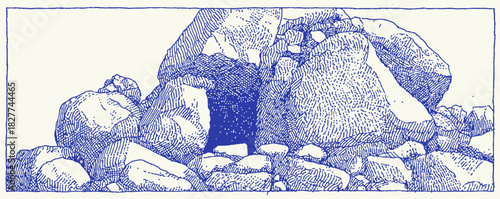 A blue and white drawing of a rock formation with a hole in the middle. The rocks are scattered around the hole. vector illustration