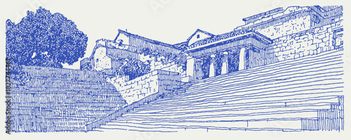 A blue and white drawing of a building with a staircase. The stairs are on the right side of the building. vector illustration