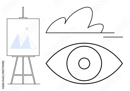 Easel with mountain drawing, cloud, and abstract eye. Ideal for creativity, vision, art, observation, imagination inspiration minimalism. Represents simple flat metaphor