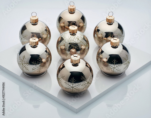 Shiny christmas ornaments arranged on a white surface reflect light, creating a festive and elegant holiday atmosphere with subtle snowflake details and a warm, inviting glow.