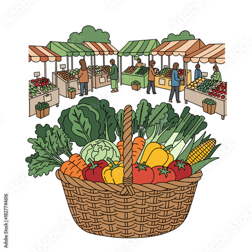 Fresh vegetables in a woven basket at a modern farmer market  