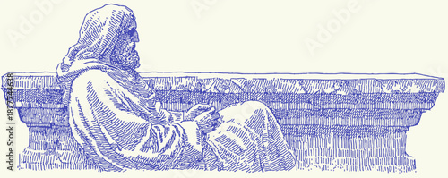 A man is sitting on a ledge. He is wearing a robe. The man is looking at something. vector illustration