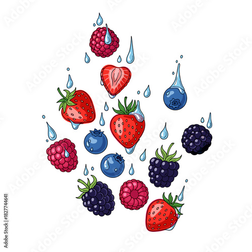 Colorful collection of fresh berries with water droplets on white background  