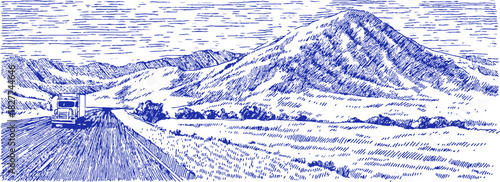 A blue and white drawing of a truck driving down a road. The truck is in the foreground and the road is in the background. vector illustration