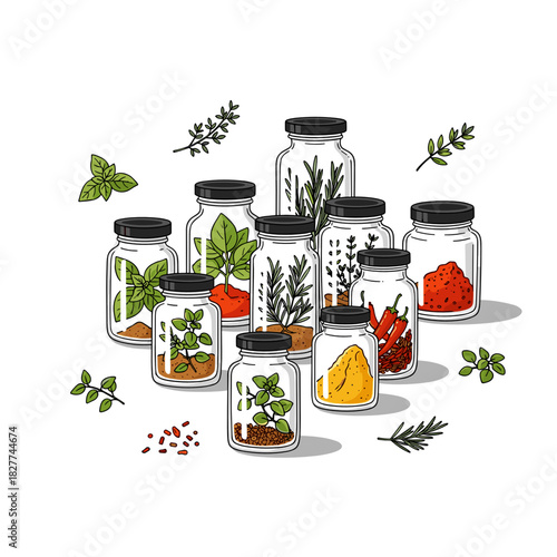 Collection of glass jars filled with herbs and spices on white background  