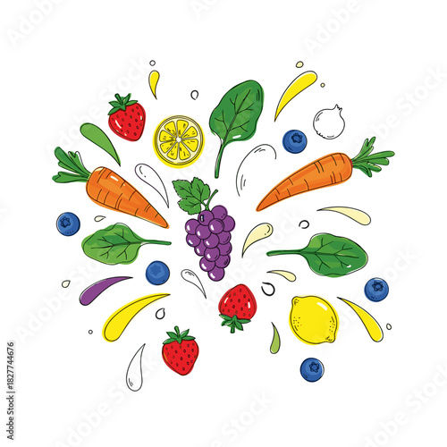 Colorful splash of fresh fruits and vegetables on white background  