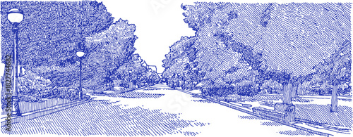A blue and white drawing of a street with trees and a bench. The street is empty and there are no people or vehicles. vector illustration