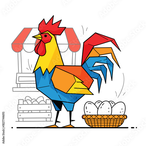 Colorful geometric rooster standing beside basket of fresh eggs at market  