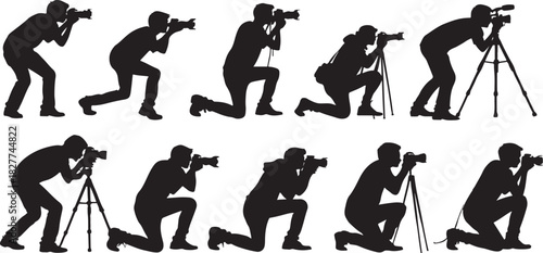 Silhouette of photographers in various poses with cameras and tripods