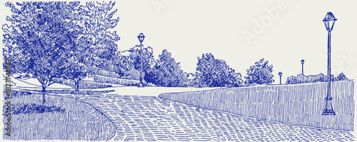 A blue and white drawing of a park with a road and trees. The road is lined with trees and there are two street lights. vector illustration